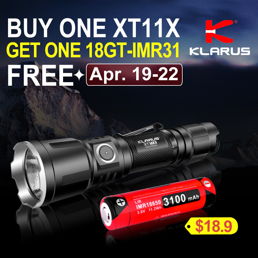 Klarus Easter Sales 2019 - Buy One Tactical Flashlight Klarus XT11X Get One Battery @US$18.9 FREE